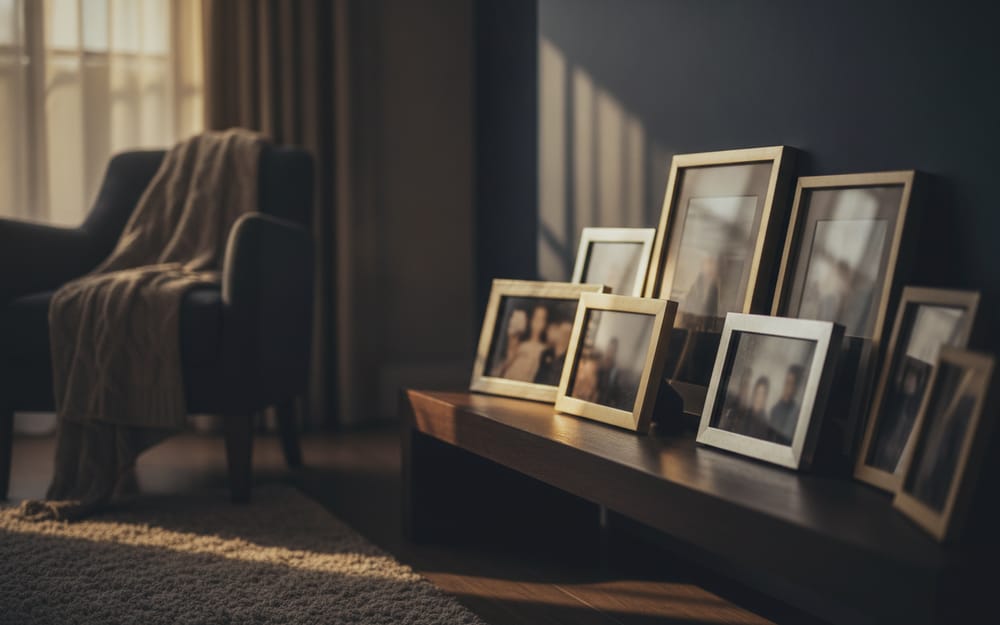 Framed family photographs in a warm home interior