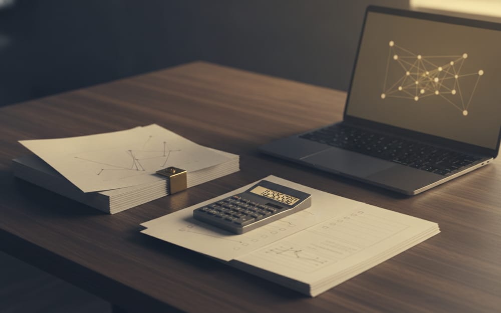 Tax compliance paperwork, a calculator and a laptop
