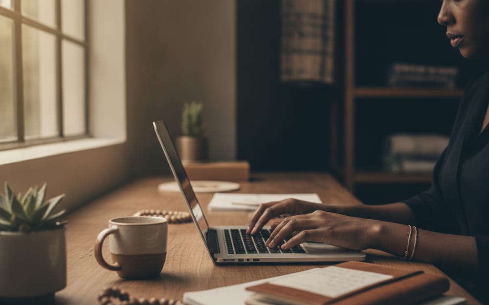A small-business owner working at a laptop