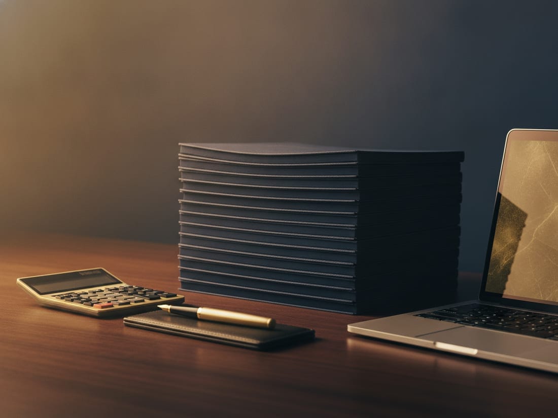 An accountant's desk with financial statements, a calculator and a laptop