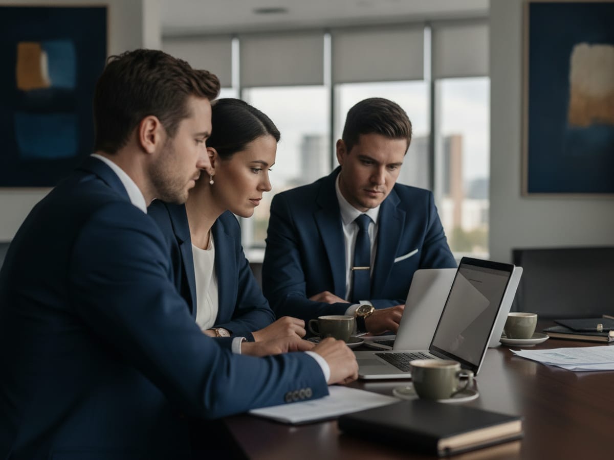 Fiduciary professionals collaborating around a laptop